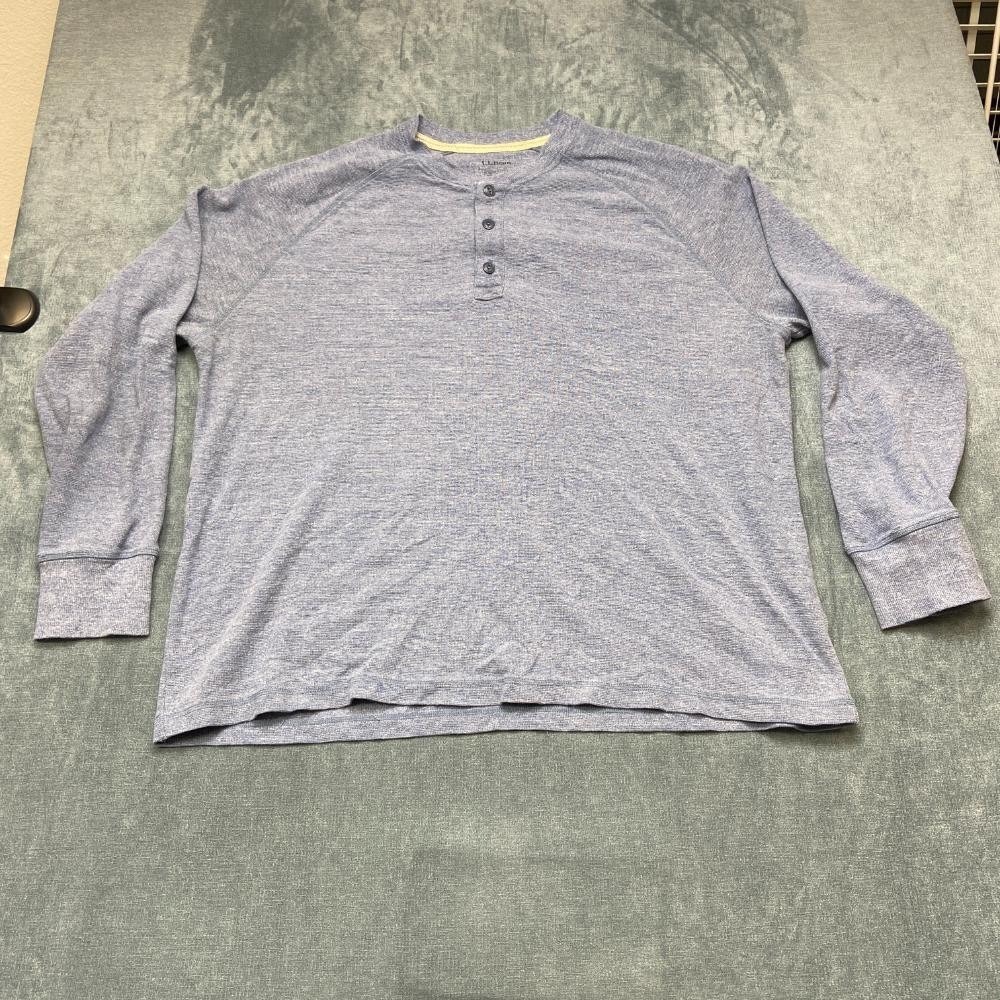 L.L.Bean Thermal Henley Shirt Men 2XL Tall Blue Fitted Raglan Sleeve Waffle Knit